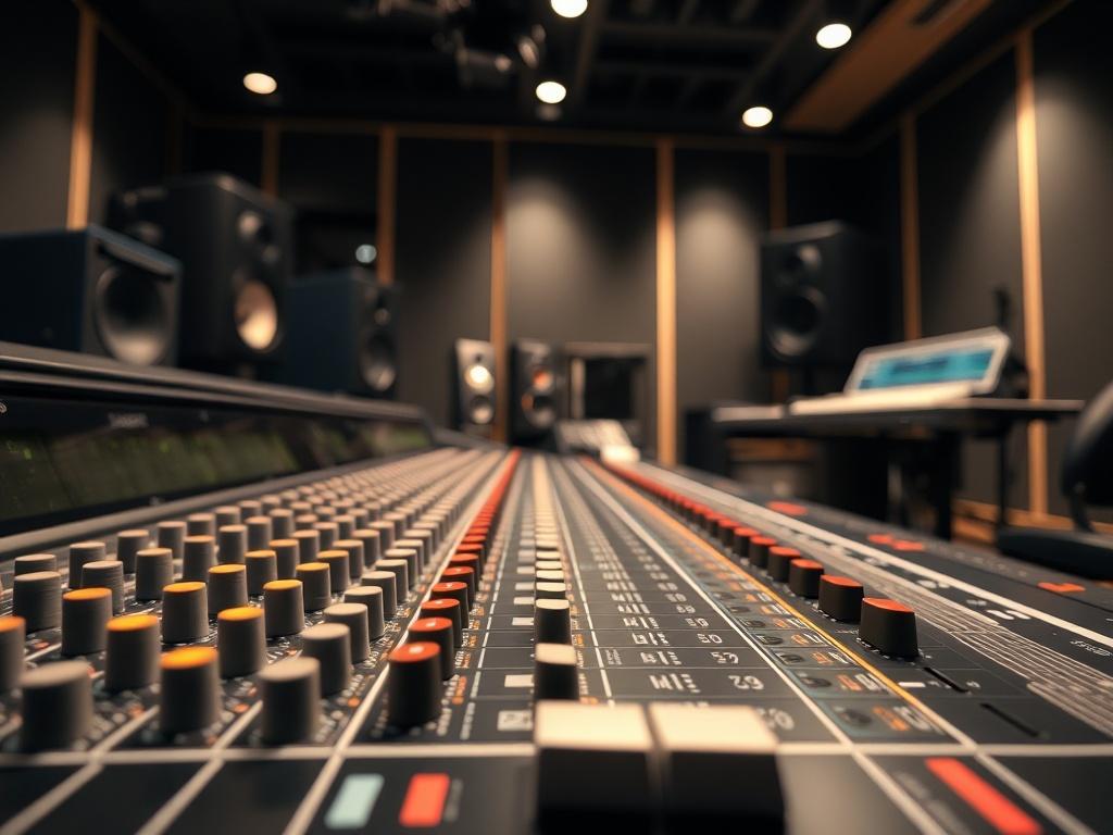 A close-up shot of a professional audio mixing console in a modern recording studio. The image should capture the intricate details of the controls and knobs, with soft lighting highlighting the equipment. The background should be slightly blurred to emphasize the console, creating a mood that reflects creativity and professionalism. The color scheme should incorporate rgb(50, 170, 39) as the primary color.