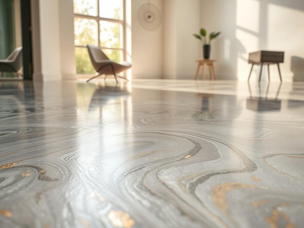 A close-up shot of a metallic resin epoxy floor in a modern, stylish interior space. The floor features a shimmering metallic effect with swirls of silver and gold, reflecting light beautifully. The background shows a minimalistic room with soft natural light coming through a large window, highlighting the glossy finish of the floor. The image should be shot with a 45mm f/1.2 lens style, focusing on the intricate details of the epoxy surface.