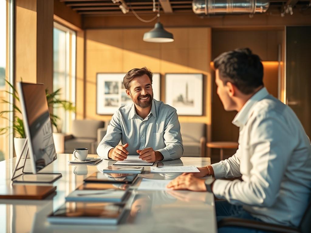 A professional consultant sitting at a modern desk discussing concrete coating options with a client. The setting is bright and welcoming, showcasing samples of different epoxy coatings on the desk. The background features a sophisticated office space with warm colors and natural light.