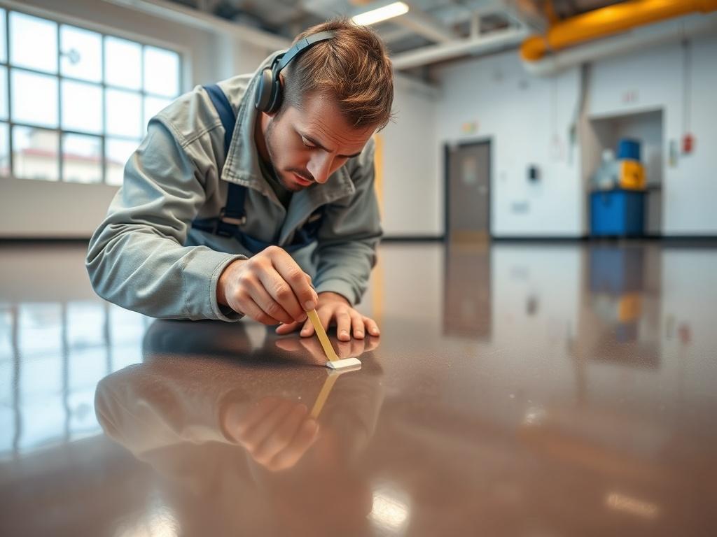 A technician conducting a final inspection of a newly coated floor, examining the smooth finish closely. The background shows the transformed space, emphasizing the quality and beauty of the coating.