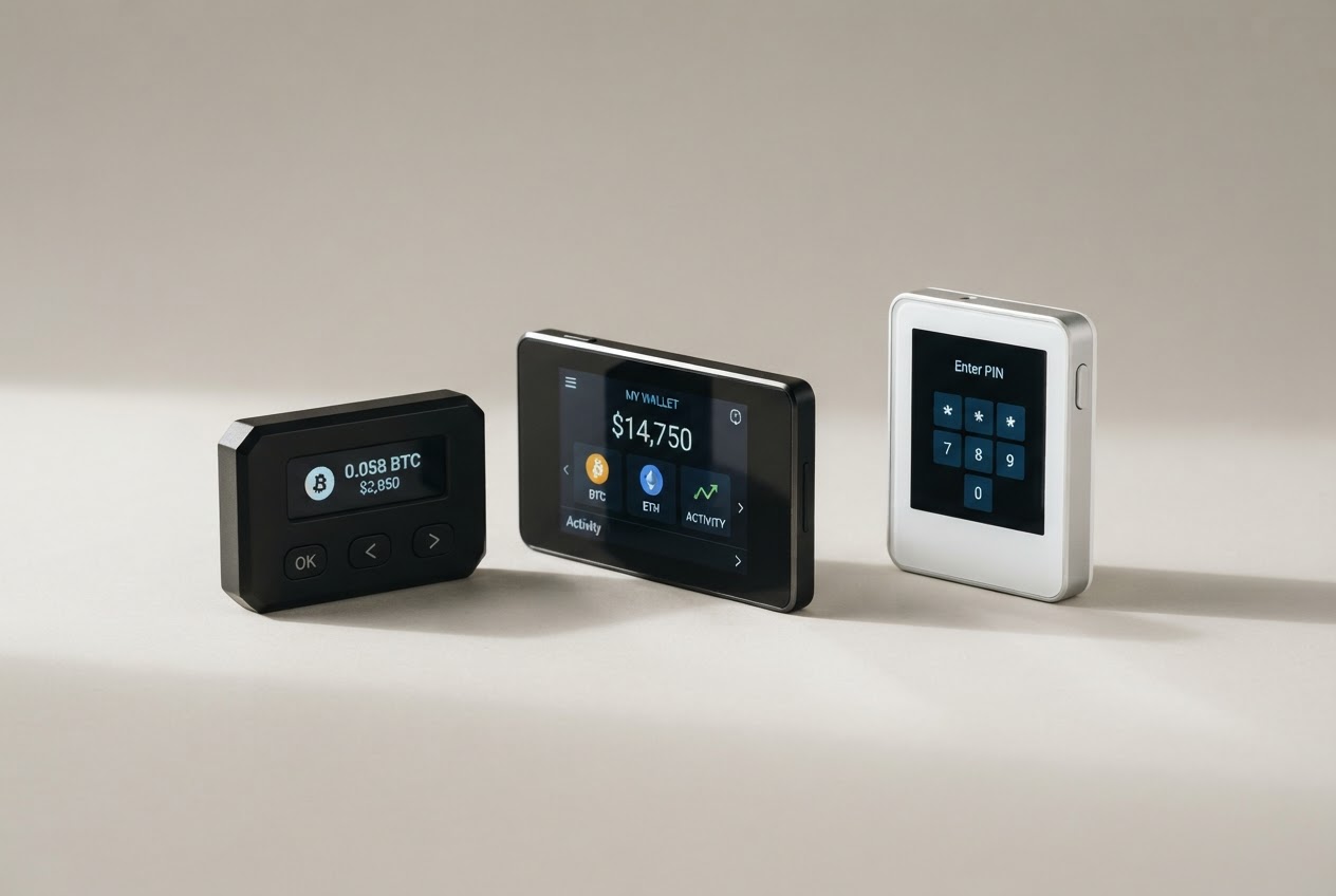 A family of three Trezor hardware wallets