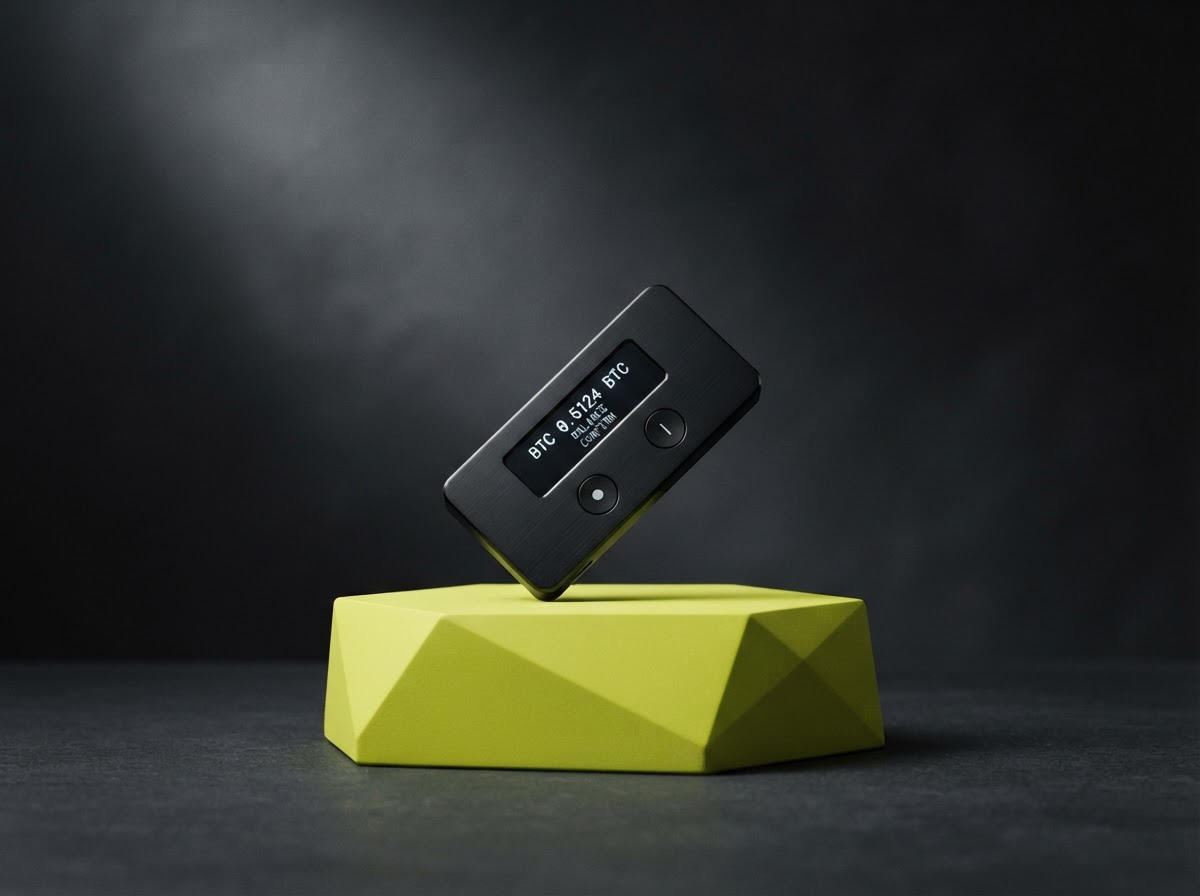 Trezor hardware wallet displayed on a lime sculptural plinth