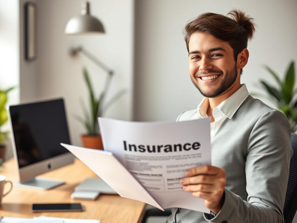 A hyper-realistic close-up shot of a confident insurance agent smiling warmly while holding an insurance policy in a modern office setting. The background features soft natural lighting with elements that suggest professionalism, like a desk with a computer and plants. The image should evoke a sense of trust and reliability, showcasing the agent's approachable demeanor and the importance of insurance in everyday life.