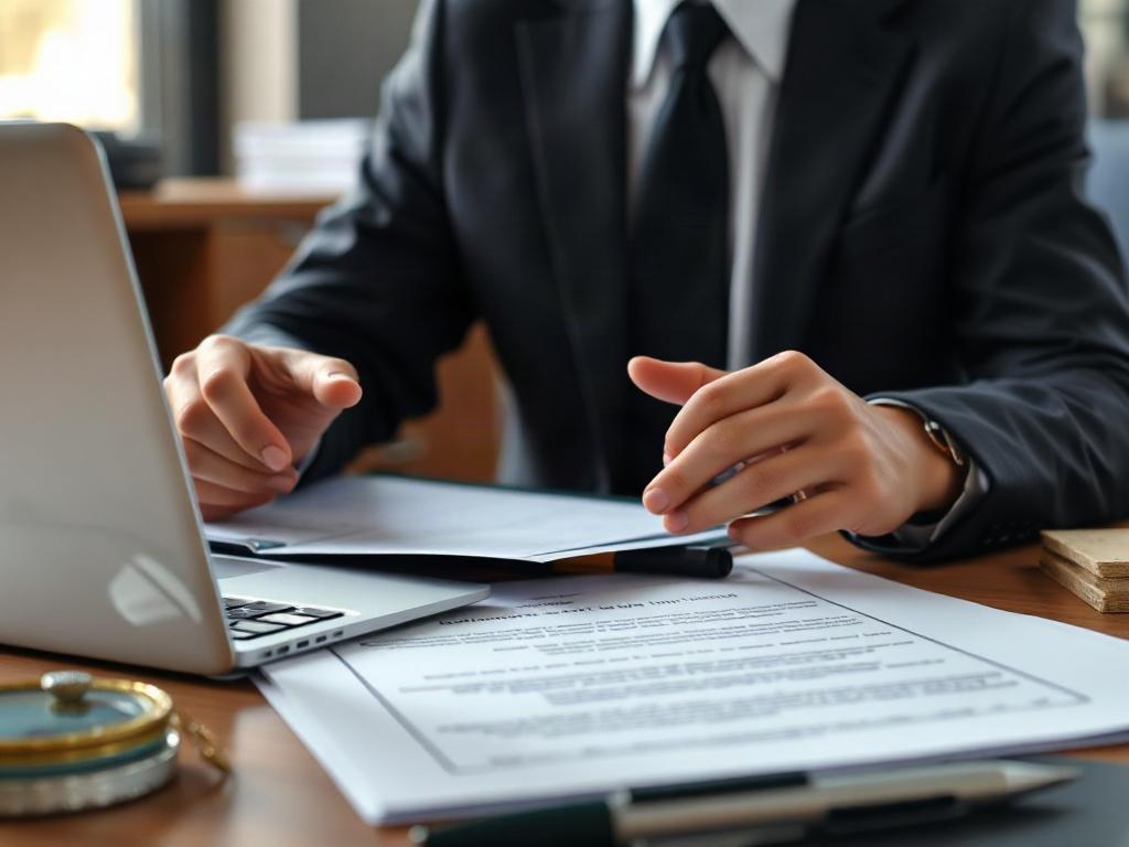 A close-up shot of a business professional reviewing documents at a desk. The workspace is organized, with a laptop and office supplies visible. The image conveys professionalism and attention to detail, reflecting the importance of securing business interests.