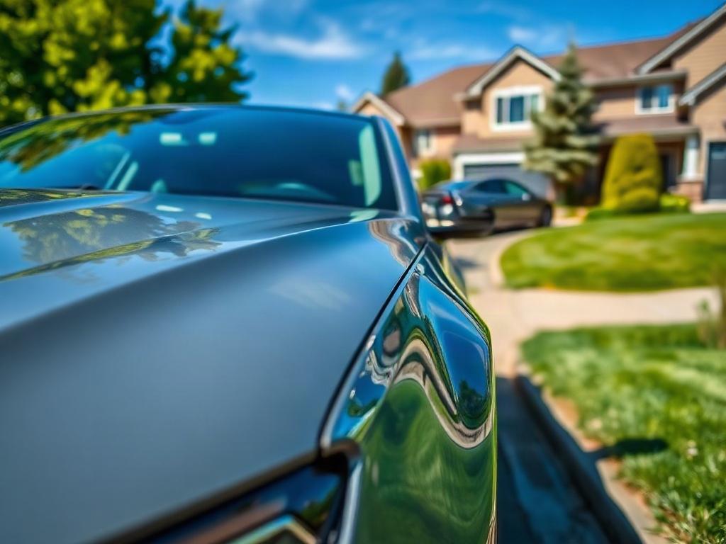 A close-up shot of a modern car parked on a suburban driveway, surrounded by greenery. The focus is on the car, showcasing its sleek design. The background features a clear blue sky and a well-maintained lawn, emphasizing a sense of security and comfort.