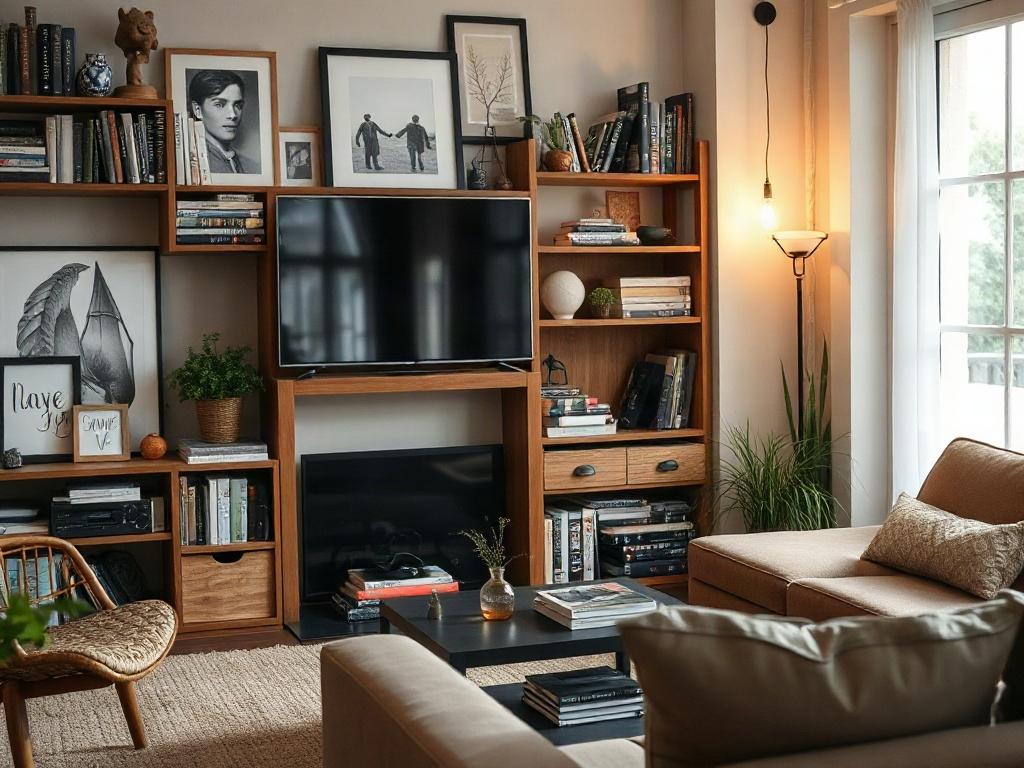 A close-up shot of a cozy, stylish living room with personal belongings like books, electronics, and artwork. The space is well-lit, showcasing a sense of comfort and belonging. The scene conveys a warm atmosphere, highlighting the importance of protecting personal items.