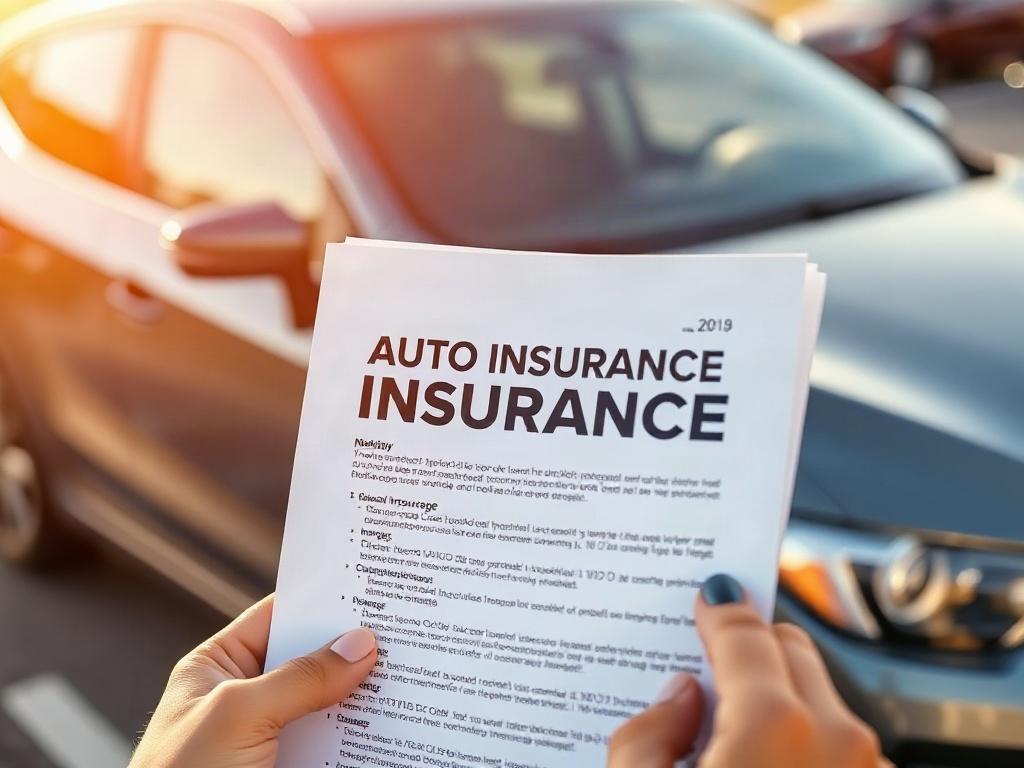 A close-up shot of a person holding an auto insurance policy document, with a car in the background. The focus is on the document, showcasing its details, while the car represents the insurance coverage. The setting is outdoors, under natural lighting, creating a warm and inviting atmosphere. The colors are vibrant, emphasizing the importance of auto insurance. The composition should be simple and clear, drawing attention to the document and the vehicle.