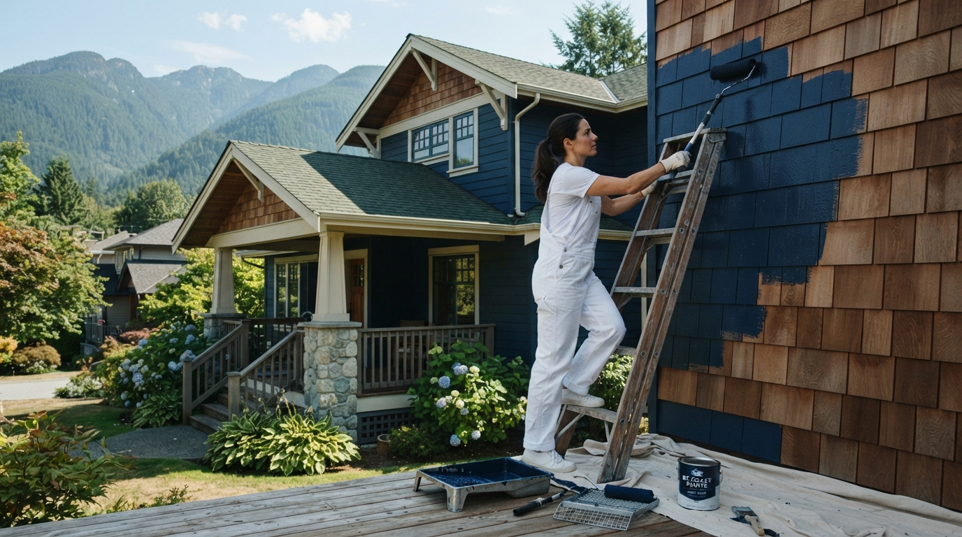 Professional painter applying a navy coat to the exterior of a craftsman home