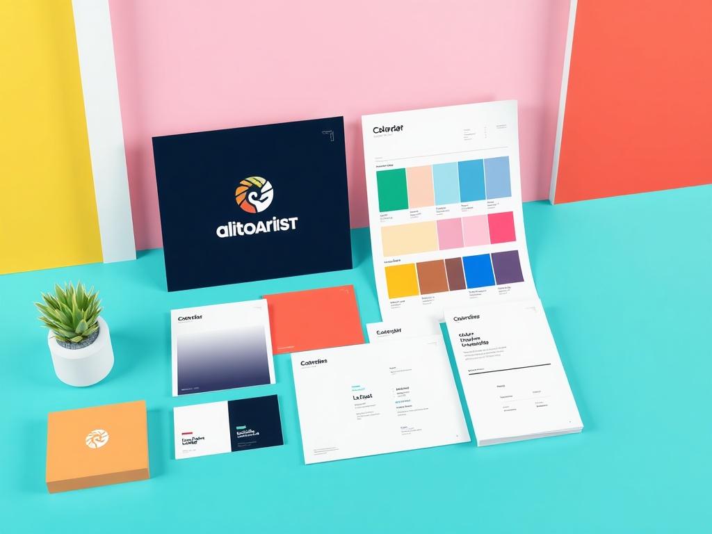 A photorealistic image of a branding package, including a logo design, color palette swatches, and brand guidelines, displayed on a minimalistic workspace with clean lines and vibrant colors. The background should be simple and uncluttered, focusing on the branding elements.