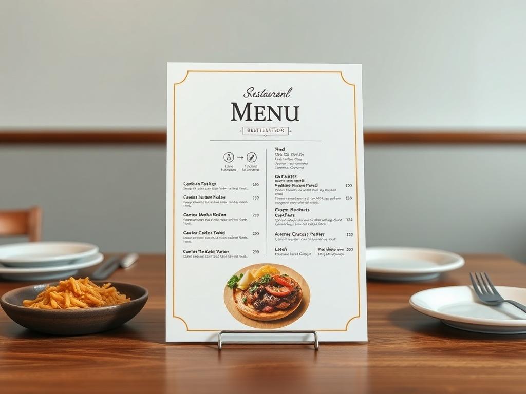 A high-resolution image of a beautifully designed restaurant menu template, showcasing vibrant food images and elegant typography. The menu is displayed on a wooden table with a minimalistic background, creating an inviting and appetizing atmosphere.
