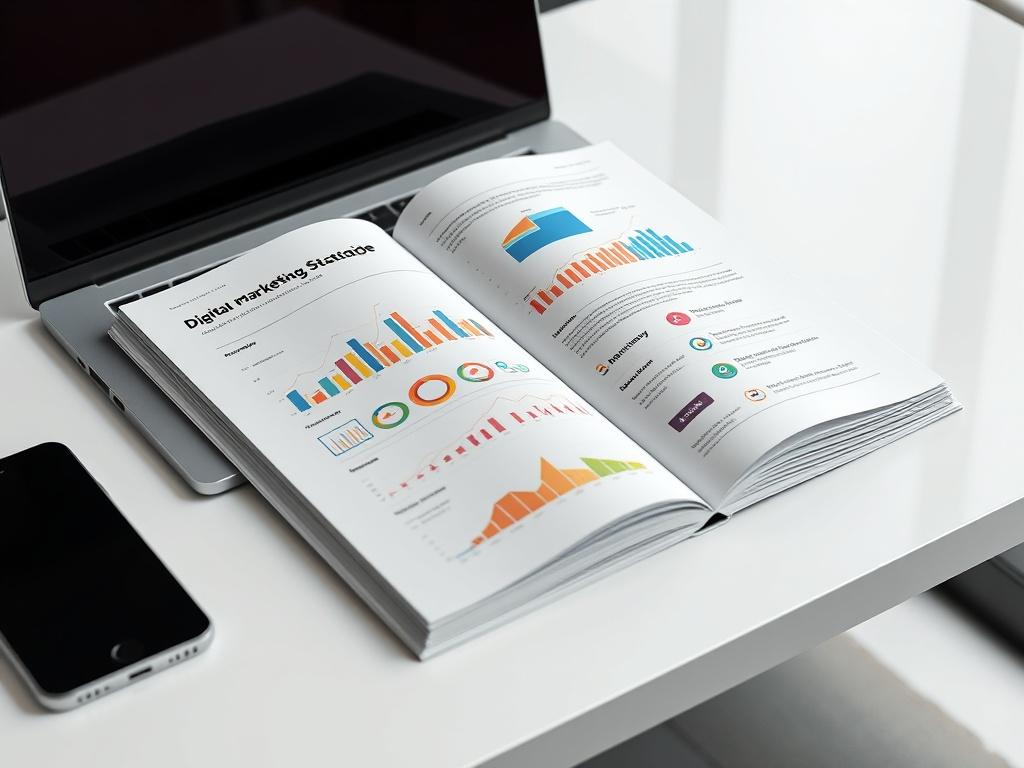 A realistic image of an open digital marketing strategy guide on a sleek desk, surrounded by a laptop and a smartphone. The guide features colorful charts and graphs, with a modern and clean background, emphasizing the digital marketing theme.