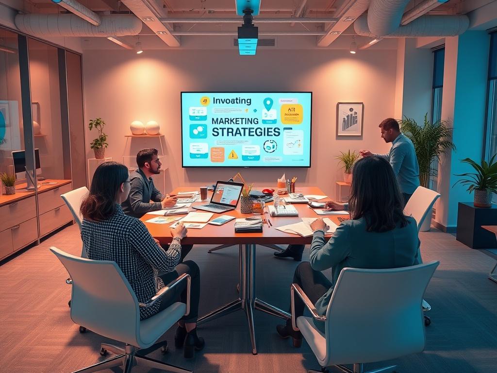 A high energy office environment with a professional team brainstorming
