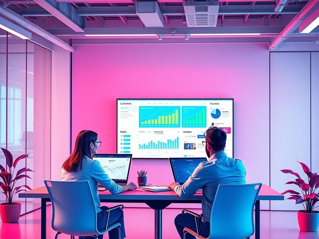 A vibrant workspace featuring a digital marketing team collaborating over