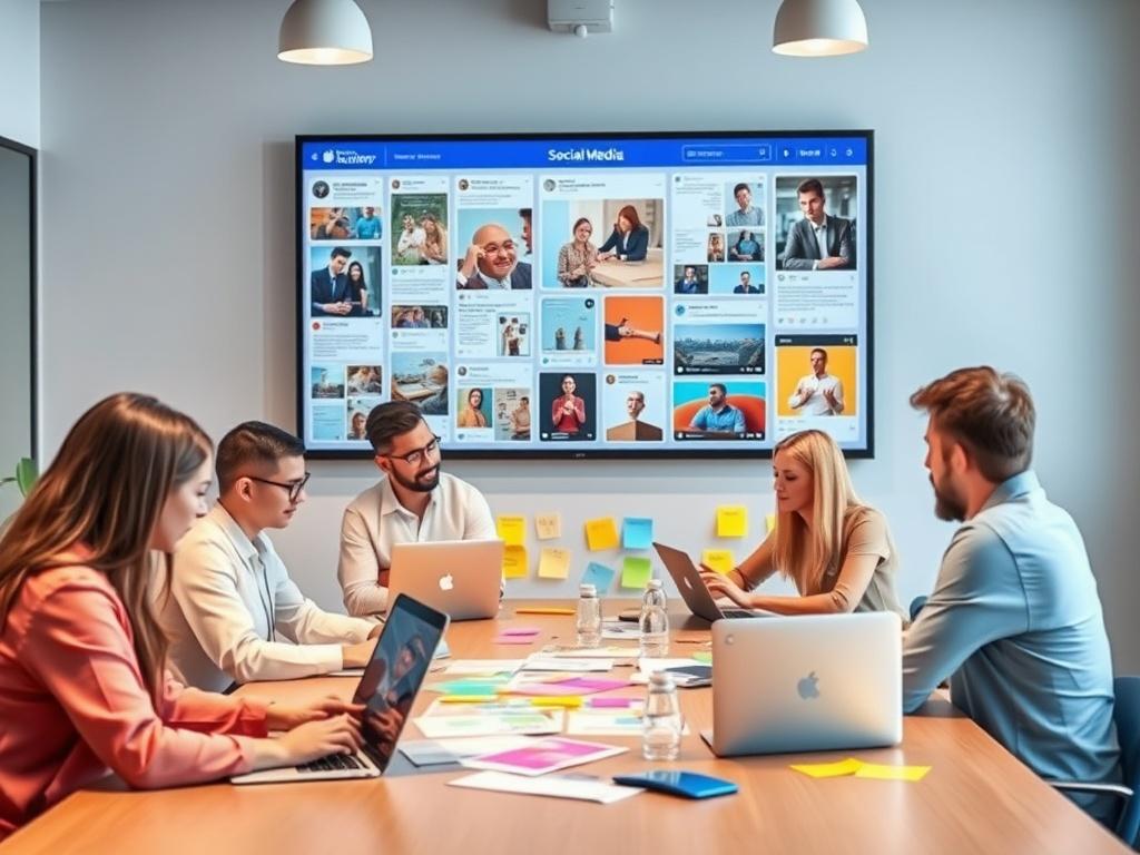 An engaging social media content planning session featuring a large