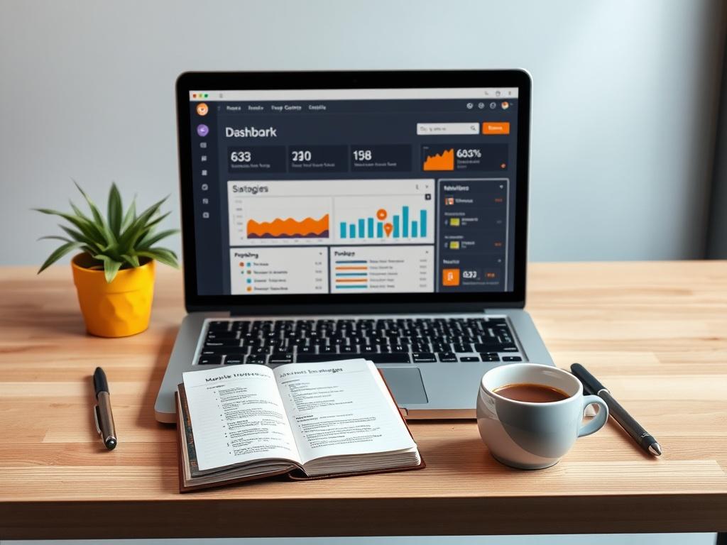 A clean and minimalistic workspace featuring a laptop open to