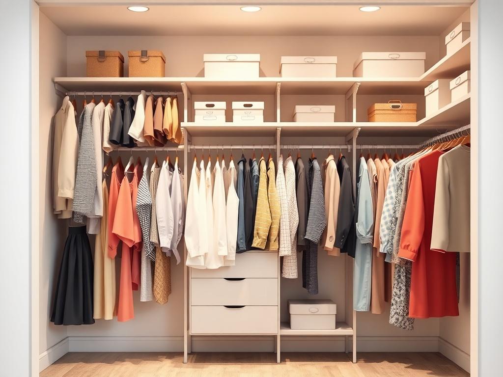 A realistic high-resolution photo of a neatly organized closet. The closet should be filled with neatly hung clothes, color-coordinated and arranged by type. Shelves should display neatly stacked boxes and accessories in soft tones, gentle lighting, and a peaceful atmosphere. The background should be simple and uncluttered, emphasizing the organized nature of the closet.