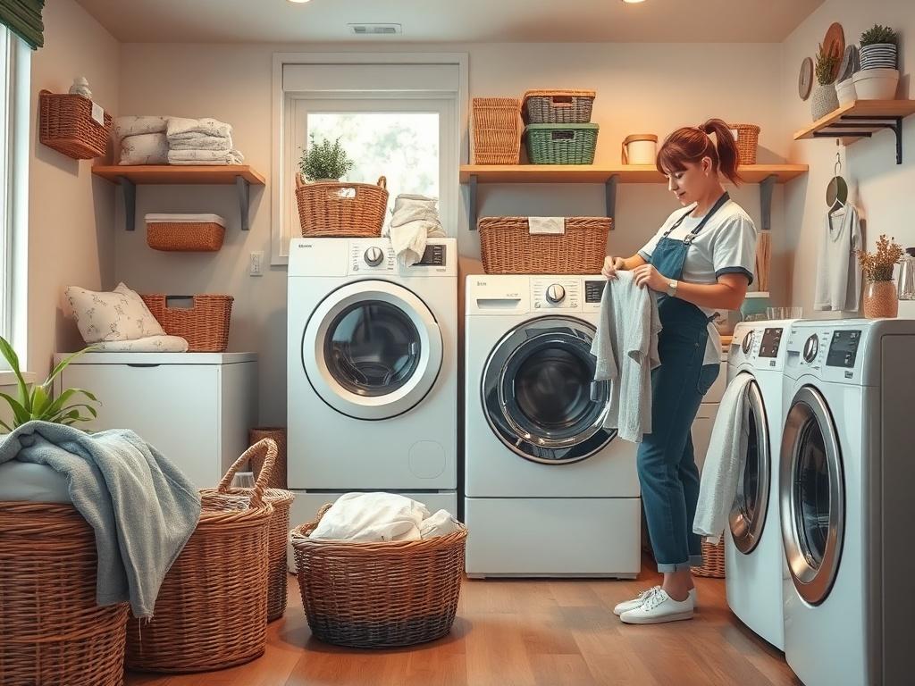 A cozy laundry room with neatly organized baskets, a washing