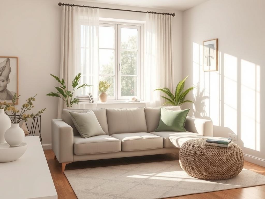 A serene interior of a living room, featuring a cozy