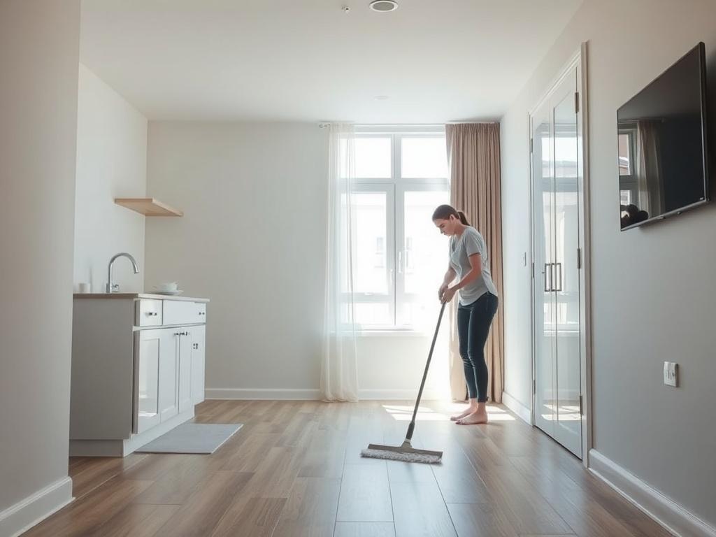 An empty apartment being cleaned, showcasing a professional cleaner wiping