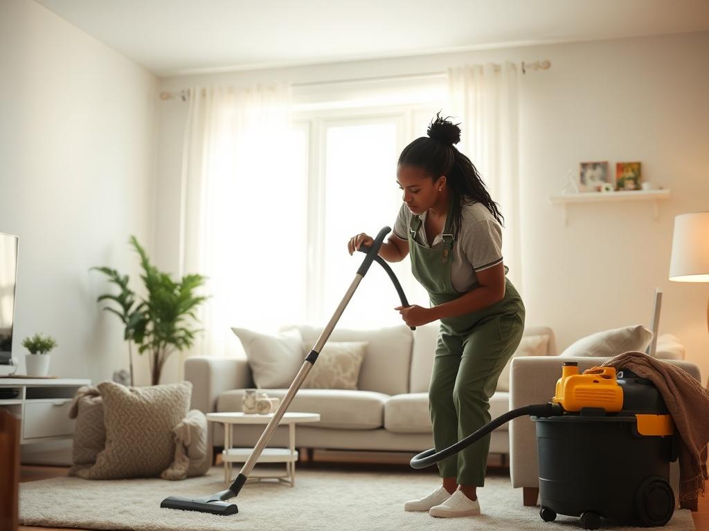 A skilled black woman in a bright, clean living room, deeply cleaning with a vacuum cleaner. The room is well-lit with soft, natural light streaming in through a window, showcasing a tidy space with minimal decor. The woman is focused and professional, wearing a comfortable cleaning uniform, with cleaning supplies neatly organized nearby. The atmosphere is serene, reflecting a sense of care and attention to detail.