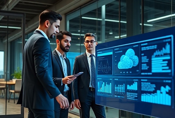 Senior technology executives collaborating around enterprise system dashboard
