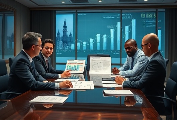 Senior finance executives discussing investment strategy in corporate boardroom