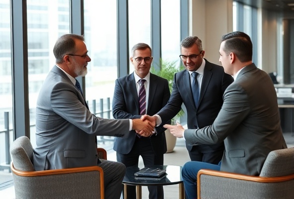 Executive consultants and advisory partners collaborating in premium corporate office