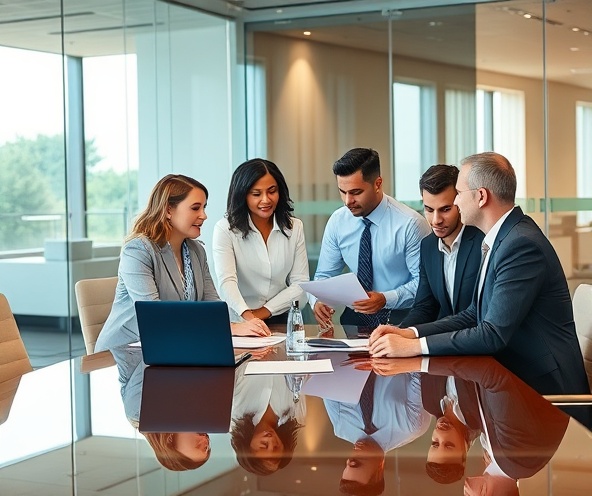 Executive team collaborating in a modern boardroom strategy meeting