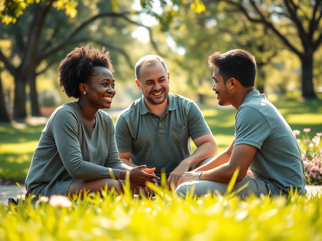 Create a realistic high-resolution photo depicting a serene scene representing empowerment through faith. The composition should be straightforward and focused on a single subject: a diverse group of three individuals—an African American woman, a Caucasian man, and a Hispanic teenager—gathered in an outdoor community setting, engaged in a heartfelt discussion. 

Position the group in a circular formation, with light filtering through the trees above, casting soft dappled shadows on the ground. Their express