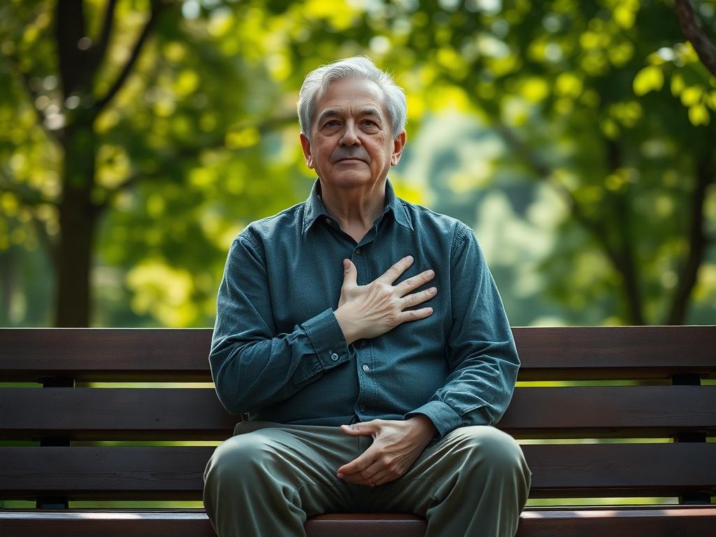 Create a realistic high-resolution photo featuring a single, serene individual in deep contemplation, embodying the theme of "Strengthening Faith in Uncertain Times." The subject should be a middle-aged person, either male or female, with a calm and reflective expression, sitting on a wooden bench in a peaceful outdoor setting. 

The composition should focus tightly on the subject, positioned slightly off-center to create visual interest while maintaining simplicity. The background should feature a softly b
