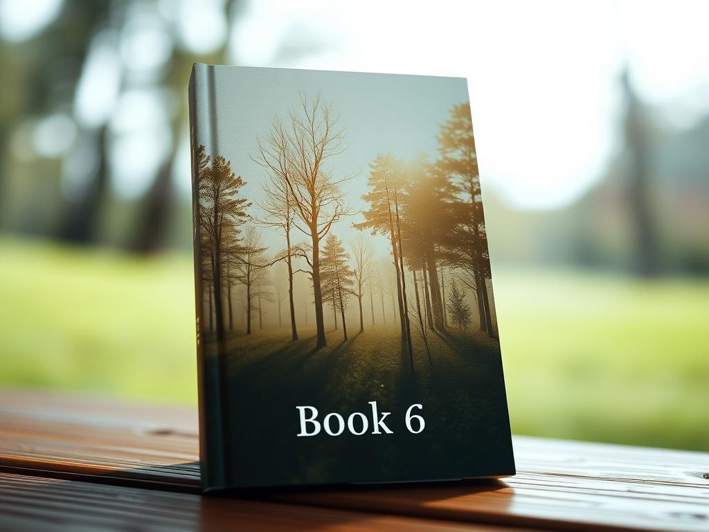 A hyper-realistic close-up of a beautifully designed eBook cover titled 'Book 6'. The cover features a serene landscape with soft sunlight filtering through trees, symbolizing hope and faith. The background is subtly blurred to emphasize the cover, shot with a 45mm f/1.2 lens style. The primary color of the image should reflect rgb(50, 170, 39).