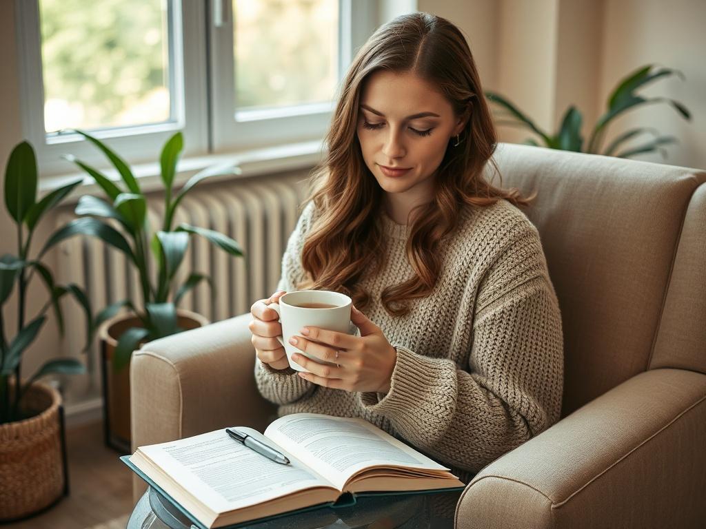 Generate a realistic high-resolution photo featuring a single subject: a contemplative woman in her mid-30s, seated on a cozy armchair in a softly lit living room. She has a serene expression, her eyes gently closed, reflecting a moment of prayer or meditation. 

The woman has long, wavy brown hair, wearing a soft, knitted sweater in earthy tones. In her hands, she holds a delicate, simple ceramic mug filled with steaming tea, symbolizing warmth and comfort. Positioned on a side table nearby, there’s an ope