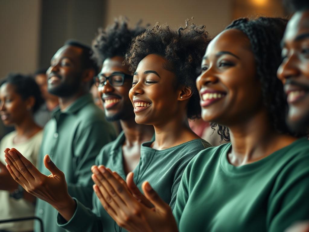 A close-up shot of a diverse group of people engaged in prayer and worship, radiating joy and community spirit. The background is softly blurred, focusing on the expressions of hope and connection among the individuals. The color palette reflects shades of green to match the theme of growth and renewal, with warm lighting enhancing the sense of unity.