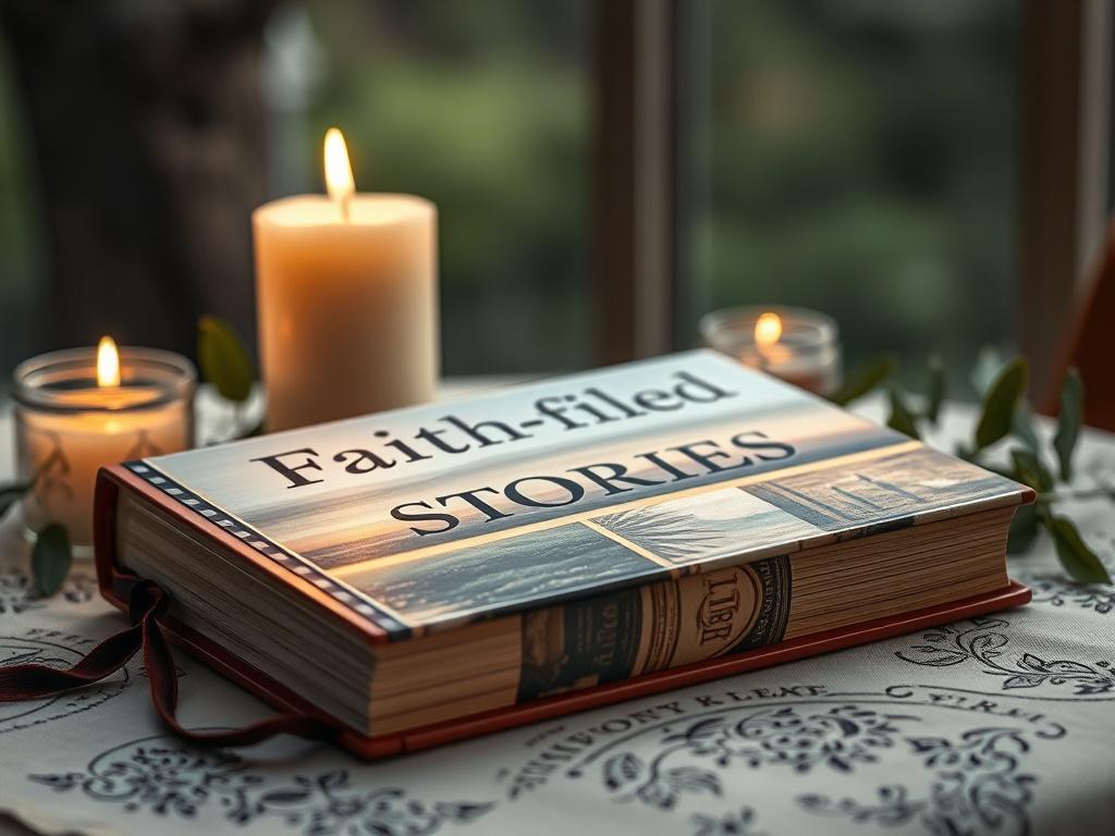 A close-up shot of a beautifully bound book titled 'Faith-Filled Stories' resting on a table, surrounded by soft candlelight and a serene background of nature. The book's cover features serene imagery, inviting readers to explore the testimonies within.