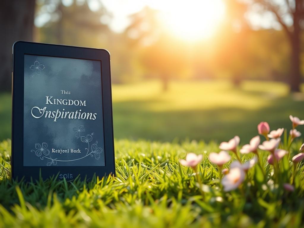 A vibrant image of an e-reader displaying the cover of 'Kingdom Inspirations' against a backdrop of a sunlit park, with green grass and blooming flowers. The scene conveys a sense of peace and inspiration, inviting readers to delve into the e-book.