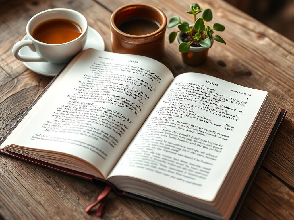 A close-up shot of an open devotional book on a rustic wooden table, with soft natural lighting highlighting the pages filled with inspirational scriptures and reflections. The background includes a warm cup of coffee and a small potted plant, creating a cozy and inviting atmosphere.