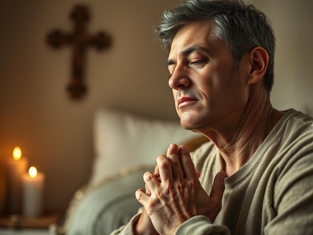 Create a realistic high-resolution close-up image focusing on a person deeply engaged in prayer, symbolizing faith in uncertain times. The subject should be an adult sitting in a serene, softly lit room, with their eyes closed and hands clasped in front of them, conveying a sense of peace and strength. Their facial expression should reflect deep contemplation and serenity.

The background should be simple and uncluttered, featuring warm, natural colors that evoke a sense of comfort and tranquility, such as 