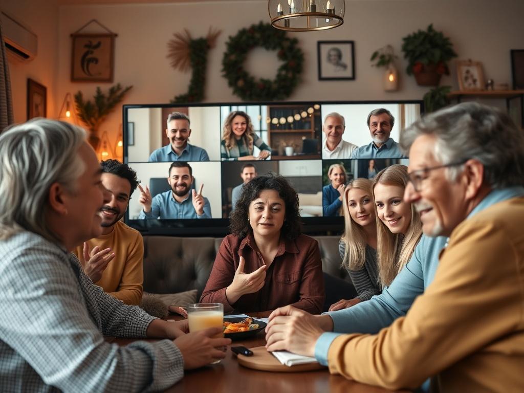 An engaging scene of a virtual live event with participants on a video call, showcasing a diverse group of people participating actively. The background should show a cozy home setting, with warm lighting and personal decorations, emphasizing a welcoming and engaging atmosphere for spiritual discussions.