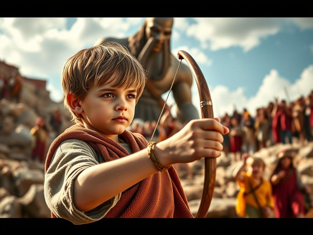 An action-packed scene showing a young boy, David, preparing to face the giant, Goliath. David is depicted as brave and confident, holding a slingshot in his hand. The giant towers in the background, looking menacing but not overpowering. The setting is a rocky battlefield with spectators, including children, cheering for David. The colors should be bold and lively, capturing the excitement of the moment and inspiring courage in young viewers.