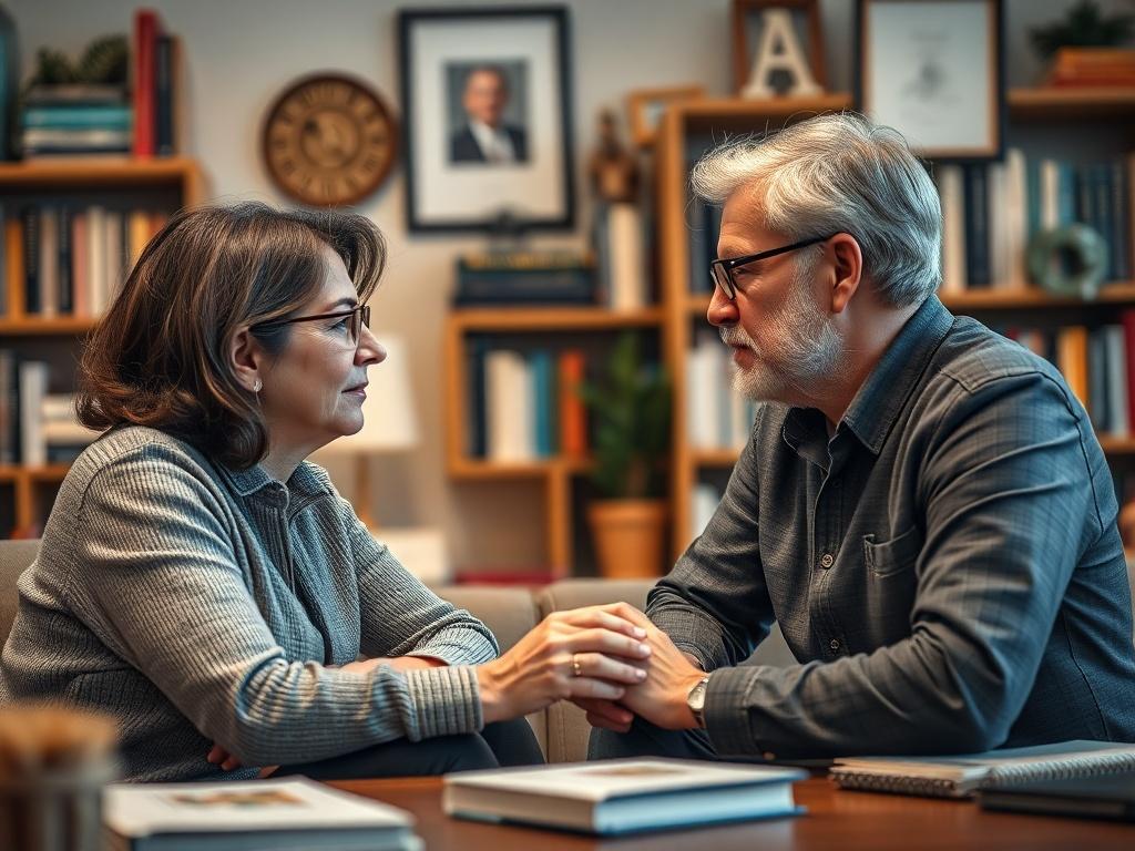 A dynamic image showing a mentoring session, with a mentor and mentee engaged in deep conversation. The setting should be a comfortable office or study room, filled with books and inspirational decor, symbolizing growth, knowledge, and leadership within the ministry context.