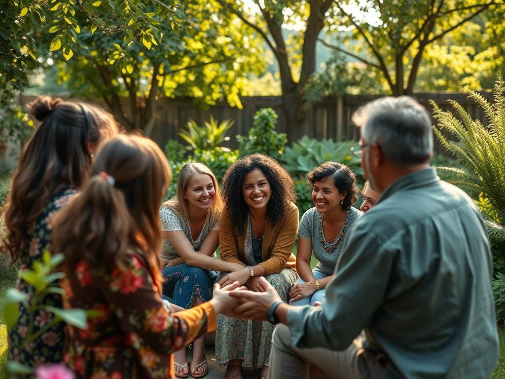 A warm, inviting image depicting a diverse group of people gathered in a circle, sharing and engaging in discussion. The setting should be an outdoor garden with greenery and sunlight filtering through trees, creating a peaceful atmosphere. The focus should be on the group's connection and joy, capturing the essence of community and spirituality.