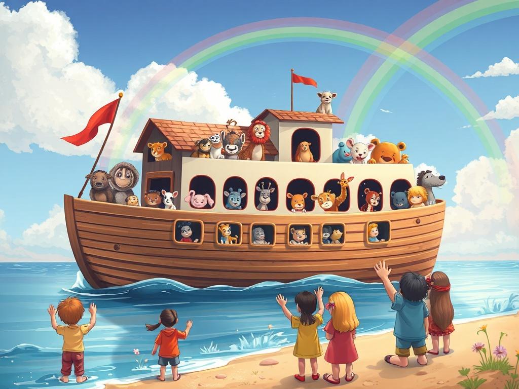 A whimsical illustration of Noah's Ark sailing on a calm sea filled with various animals peeking out from the windows. The ark is colorful and inviting, with rainbows arcing across the sky. Children are depicted on the shore, waving and watching the ark with awe and excitement. The scene should convey a sense of adventure and friendship among the animals, emphasizing the importance of love and kindness. The colors should be bright and cheerful, appealing to young audiences.