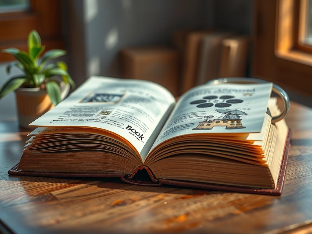 A hyper-realistic image of an open book on a wooden table, with soft natural light illuminating the pages. The book is titled 'Book 7' and features beautiful illustrations on the pages. The background is blurred, showcasing a cozy reading nook with a plant and a warm cup of tea beside it, evoking a sense of tranquility and inspiration.