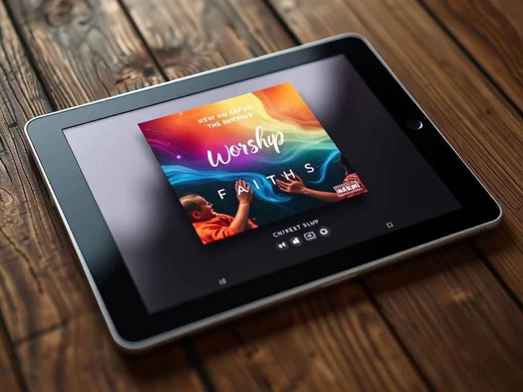 A realistic high-resolution photo of a digital music album cover displayed on a tablet, resting on a rustic wooden surface. The album cover should feature vibrant colors and imagery associated with worship and faith. A soft light should highlight the tablet, creating an inviting and warm atmosphere.