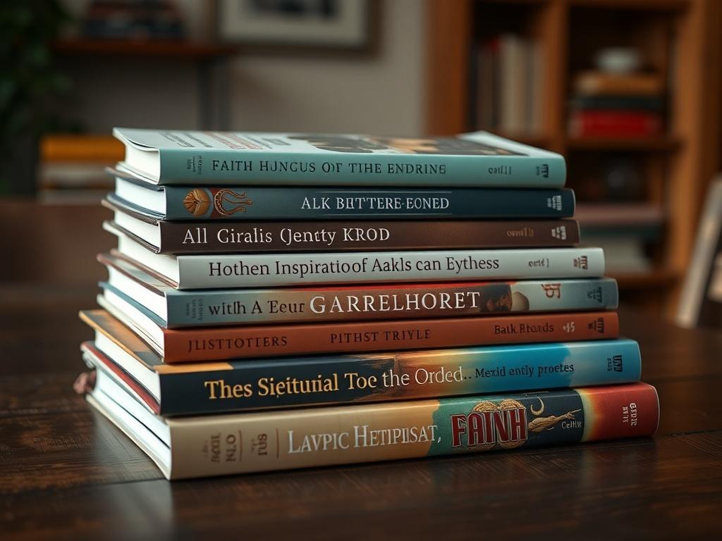 A realistic high-resolution photo of a stack of faith-based books arranged on a wooden table, with a warm light illuminating the covers. The books should have visually appealing designs, featuring titles and images related to spirituality and inspiration. The background should be softly blurred, focusing on the books while creating a cozy, inviting atmosphere.