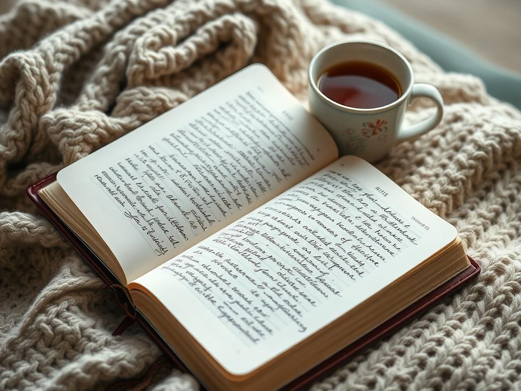 A realistic high-resolution photo of an open devotional journal with handwritten notes, resting on a cozy blanket with a steaming cup of tea beside it. The journal should have an inspiring cover design, and the scene should evoke tranquility and reflection, with soft natural lighting.