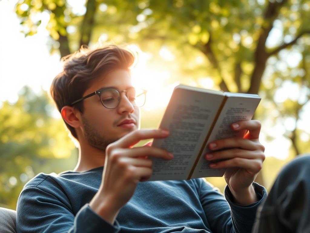 An engaging image of a person reading an ebook on a tablet outdoors, surrounded by nature. The sunlight gently filters through the trees, creating a serene and inviting atmosphere. The focus should be on the person enjoying their reading experience, showcasing relaxation and inspiration.