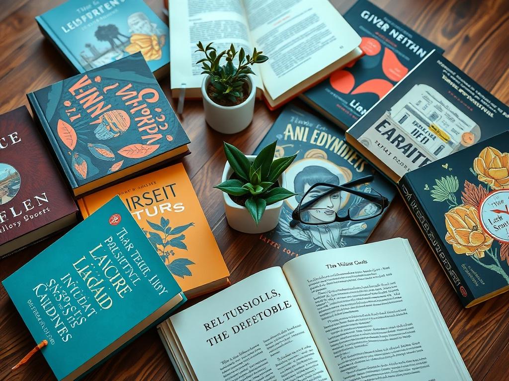 A beautifully arranged flat lay of various physical books, showcasing colorful covers and intriguing titles, spread out on a wooden table. A small plant and reading glasses are included in the composition, creating a book-loving atmosphere. The image should evoke curiosity and a desire to read.