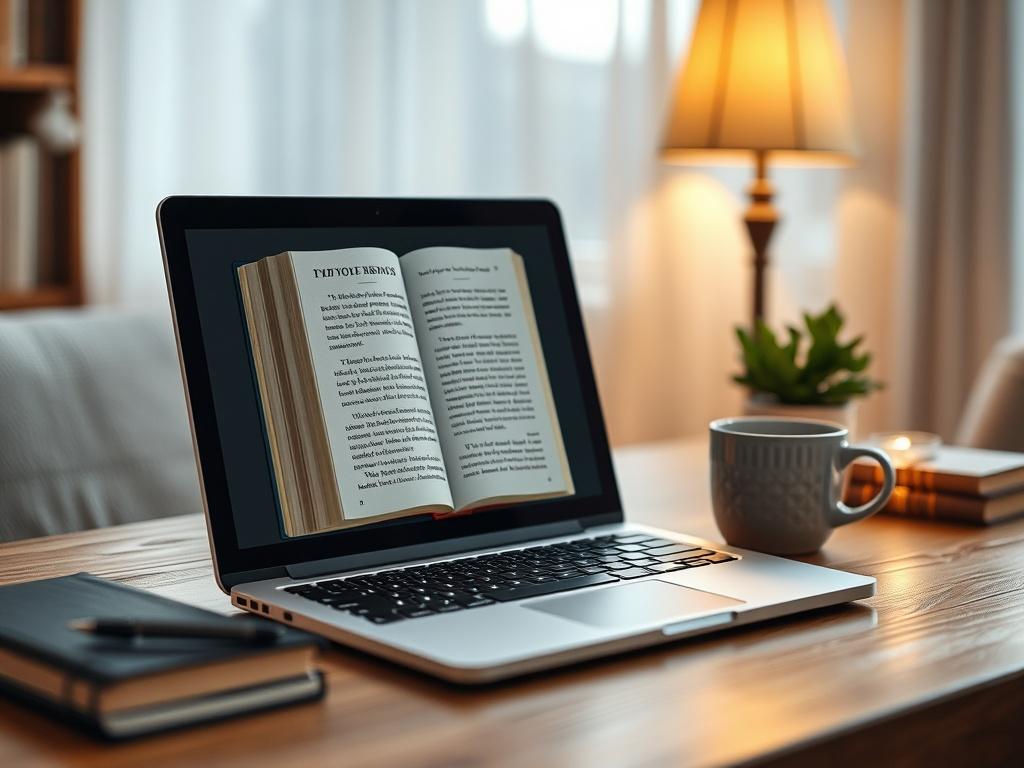 A close-up shot of a laptop displaying an open ebook on a cozy desk, with a warm ambiance and a coffee cup beside it. The background should be softly blurred, focusing on the laptop and the book's cover visible on the screen. The image should have a welcoming feel, inviting viewers to explore the world of ebooks.