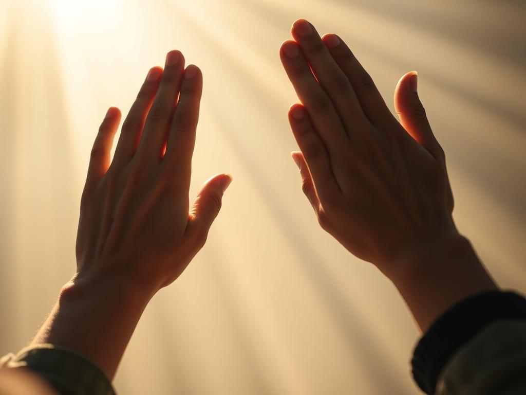 A close-up shot of hands raised in prayer against a soft, ethereal background with rays of light shining through. The scene conveys a sense of hope, spirituality, and divine presence.